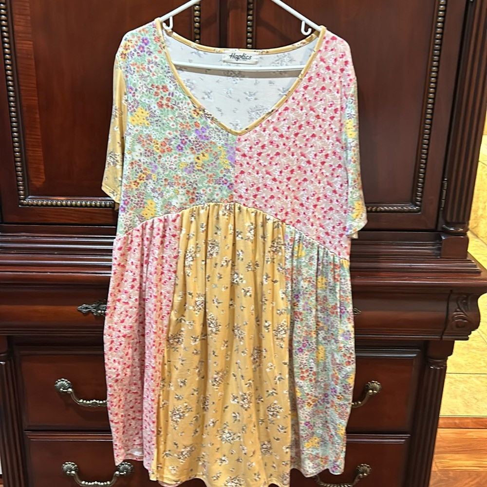 Short sleeved empire waist mixed print dress